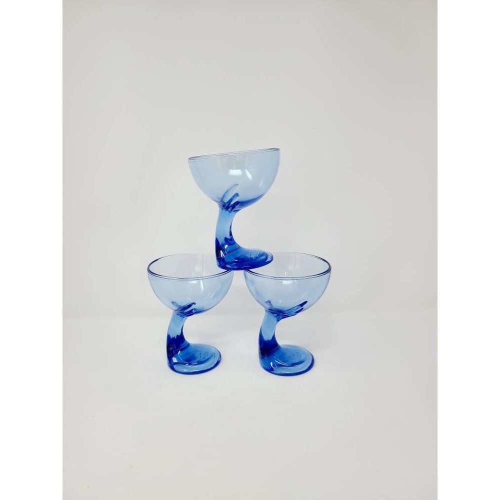 Vtg Bormioli Rocco cobalt blue stemmed glass dessert bowls Italy Jerba pattern